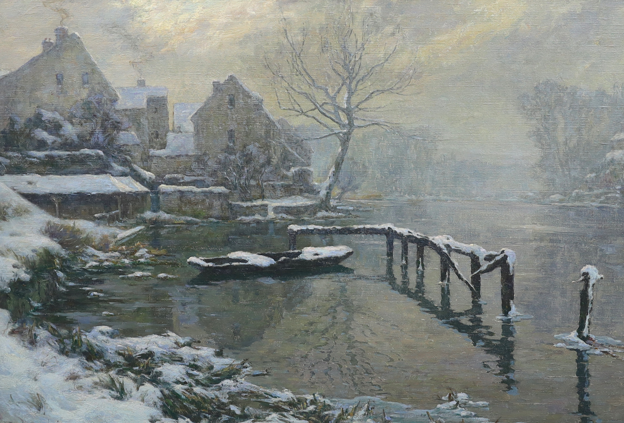 Ernest Gaston Marché (French, 1864-1932), French river landscape in winter, oil on canvas, 64 x 92cm